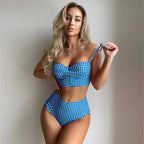 Women Sexy Slim Plaid Two Pieces Swimsuit High Waisted Bikini Swimwear 2024 Bikini Sets Size S-3XL Rose Red/Black/Blue/Sky Blue