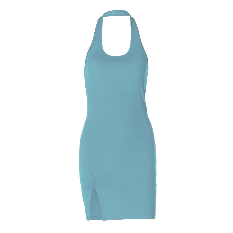 Halter Dress Seveless Backless Side Slit Neck-mounted Mini Dresses Knitted Sheath Streetwear 2024 Summer Woman Clothing Y2K 2406