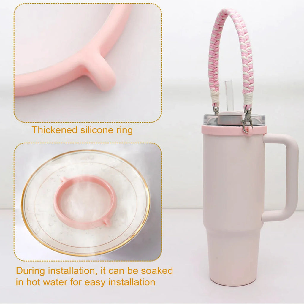 Water Bottle Handle Strap Handmade Flower 16-40oz Tumbler Silicone Safety Ring Cotton Rope Flower Durable Water Bottle Strap