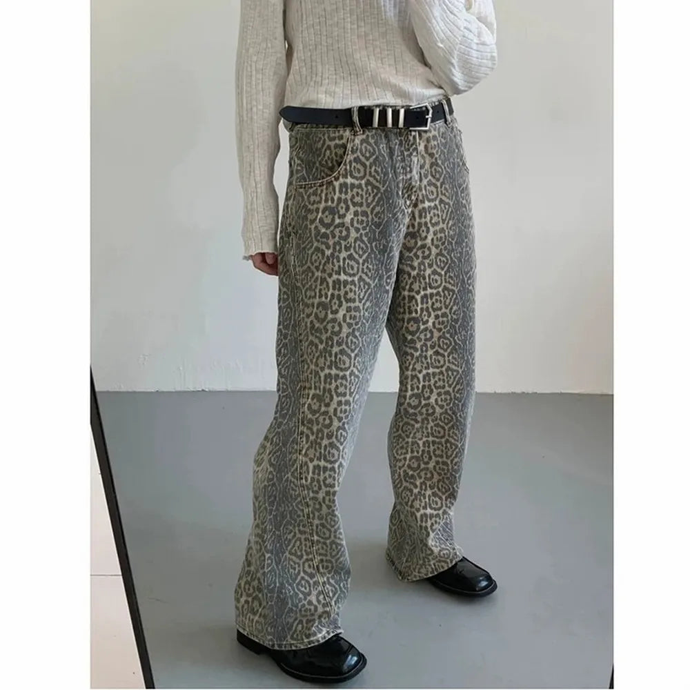 Women's Jeans Leopard High Waist Hip Hop Straight Fashion Pants Streetwear Harajuku Y2K Style Female Wide Leg Denim Trousers