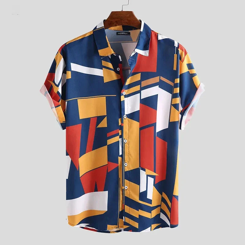 Summer Men's Shirts Hawaiian Blouse Stripe Print 2024 New Short Sleeve Single Breasted Oversized Tops Camisa Clothing Buttons