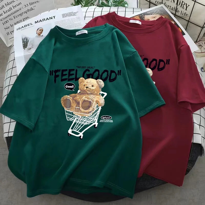 Cartoon Bear Short Sleeve T-shirt Women Loose Top Fashion Korean Style Tee
