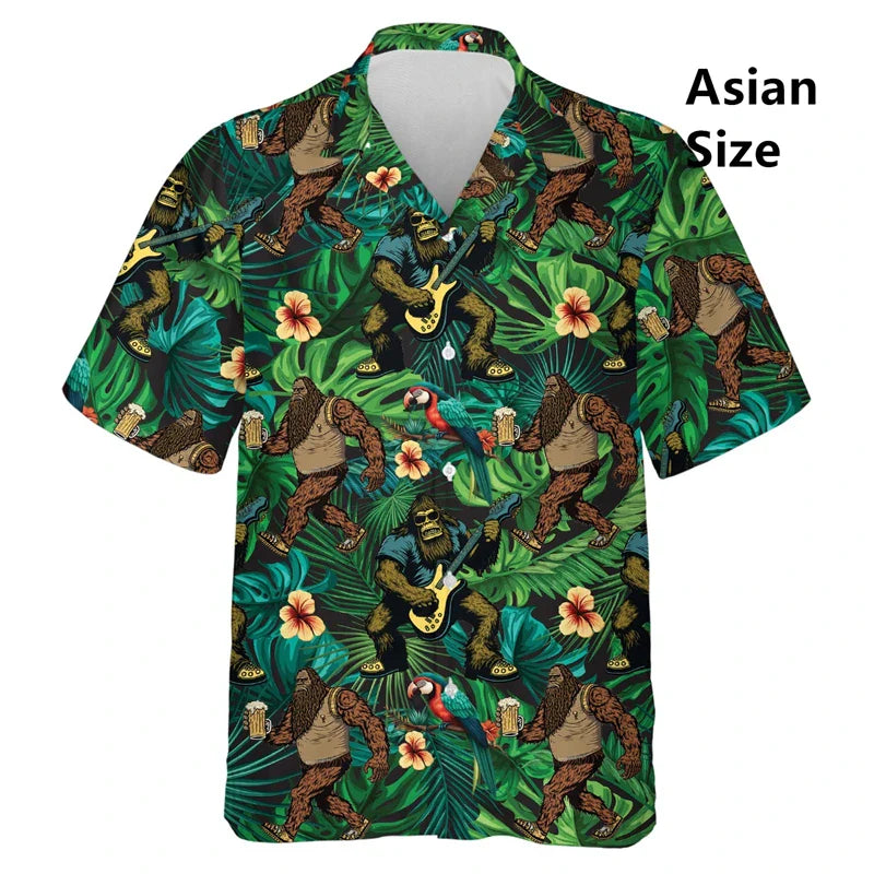 Hawaiian Bigfoot Pirate Man Shirts Women Tropical Summer Aloha Casual Shirts Button Down Short Sleeve Sasquatch Shirt Clothing