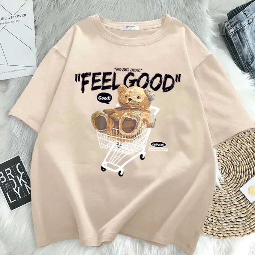 Cartoon Bear Short Sleeve T-shirt Women Loose Top Fashion Korean Style Tee