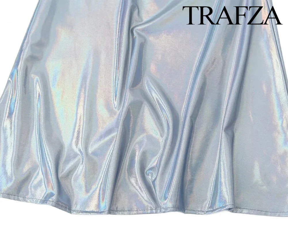 TRAF Women's Metallic Colour Glitter Dress Sexy Backless Sleeveless Spaghetti Strap Dresses Party Bar Sleeveless Short Dresses