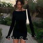 Elegant Round Neck Pleat Long Sleeve New Women's Dresses Casual Slim Pink Black White Short Dresses Lady Chic Party Street Robes