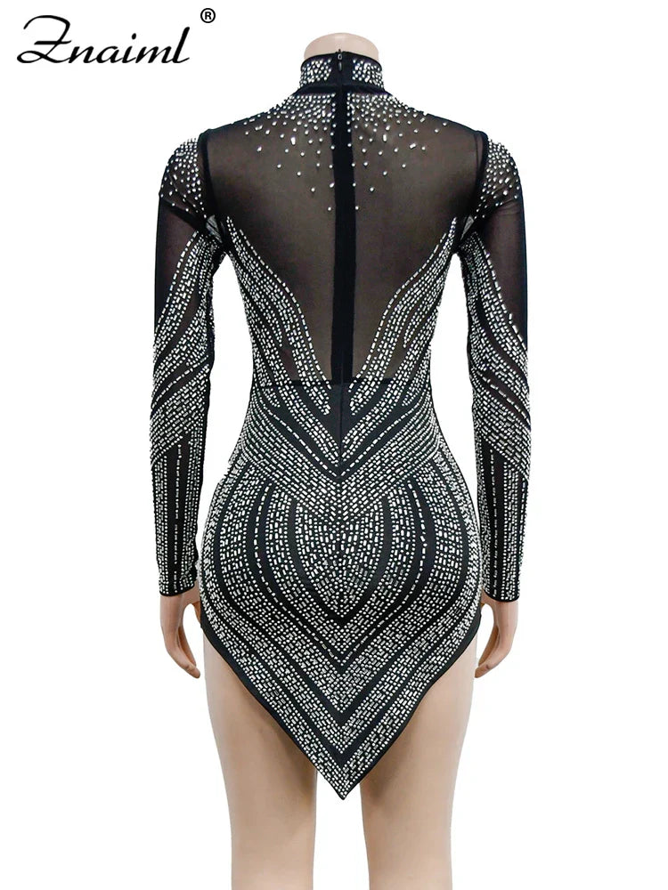 Znaiml Luxury Sheer Mesh Patchwork White Short Dress for Women Sparkly Crystal Rhinestones  Party Night Club Birthday Vestidos