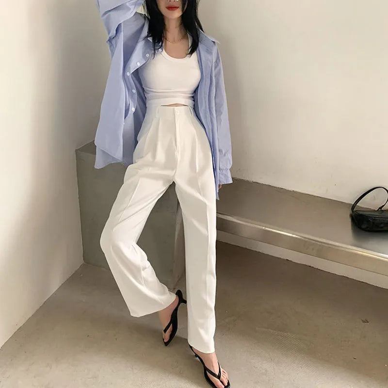Summer Women's Draped Suit Pants Korean Style High-Waisted Button Casual Pants 2025 New Black White Baggy Office Lady Trousers