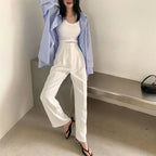 Summer Women's Draped Suit Pants Korean Style High-Waisted Button Casual Pants 2025 New Black White Baggy Office Lady Trousers