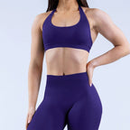 D LOGO Sports Bra Women Seamless Halter Neck Strap Bra with Logo Padded Open Back Yoga Top Bra Medium Support Gym Crop Top