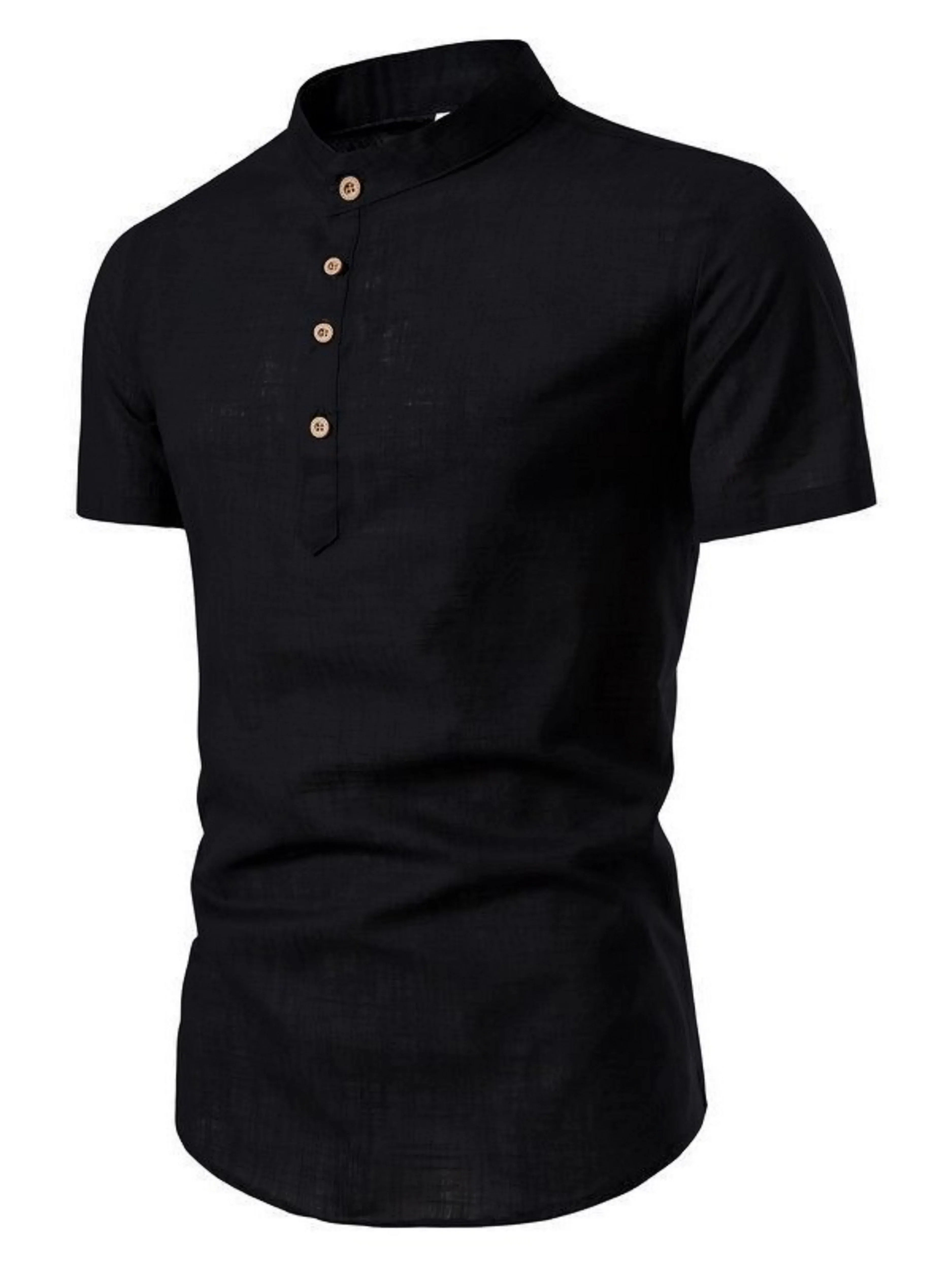 Fashionable short-sleeved cotton shirt with stand-up collar for summer outdoor activities. Men's solid color casual shirt