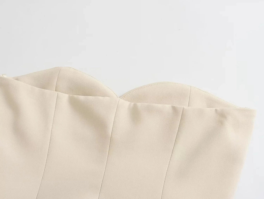 TRAFZA Women Elegant Solid Pant Suit Front Button Strapless Sexy Tank Tops + Side Slit Trouser Female Fashion Streetwear Sets