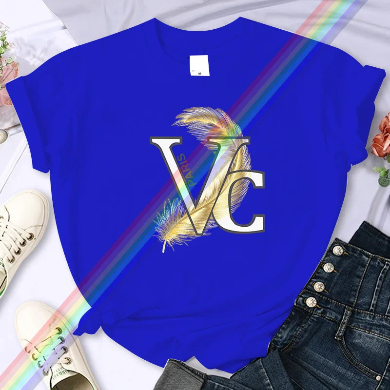 For Women's Luxury Brand High-Quality Summer Feather Printing T-shirt 100% Cotton Casual Oversized Y2k Personality Sleeve O-neck