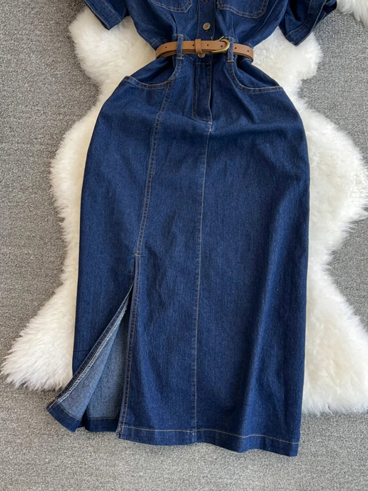 XFPV Women's Sweet Short Denim Dress For Women  Belt Slim Short Sleeved Vestidos Korean Fashion Spring Summer 2025 SM11153