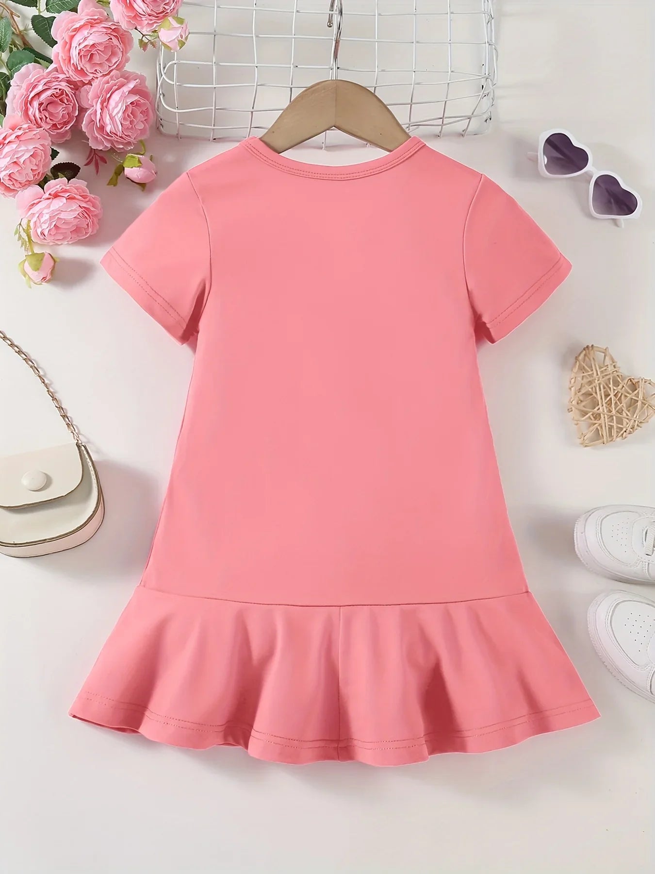 Girls' summer comfortable pattern printed ruffle edge dress, fashionable solid color versatile, suitable for outdoor leisure