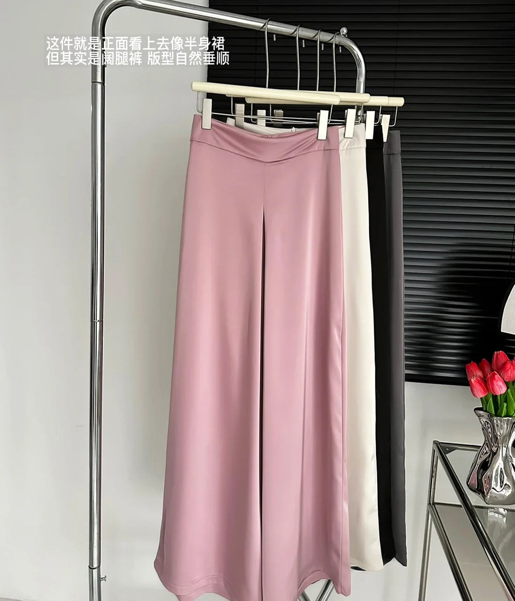 High-Grade Acetate Satin Wide-Leg Pants Women Spring Bell-Bottoms Pants Loose Casual Pants High Waist Oversized Long Pantalons