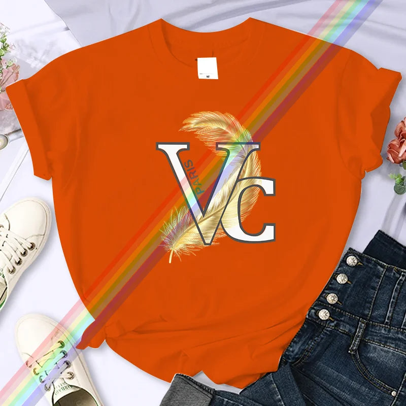 For Women's Luxury Brand High-Quality Summer Feather Printing T-shirt 100% Cotton Casual Oversized Y2k Personality Sleeve O-neck