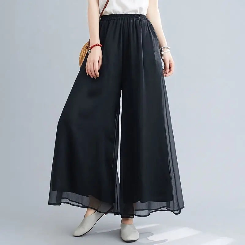 Women Chinese Classical Dance Clothing Female Elegant Trousers Practiice Clothes Modern Elastic Waist Ethnic Pants White Black