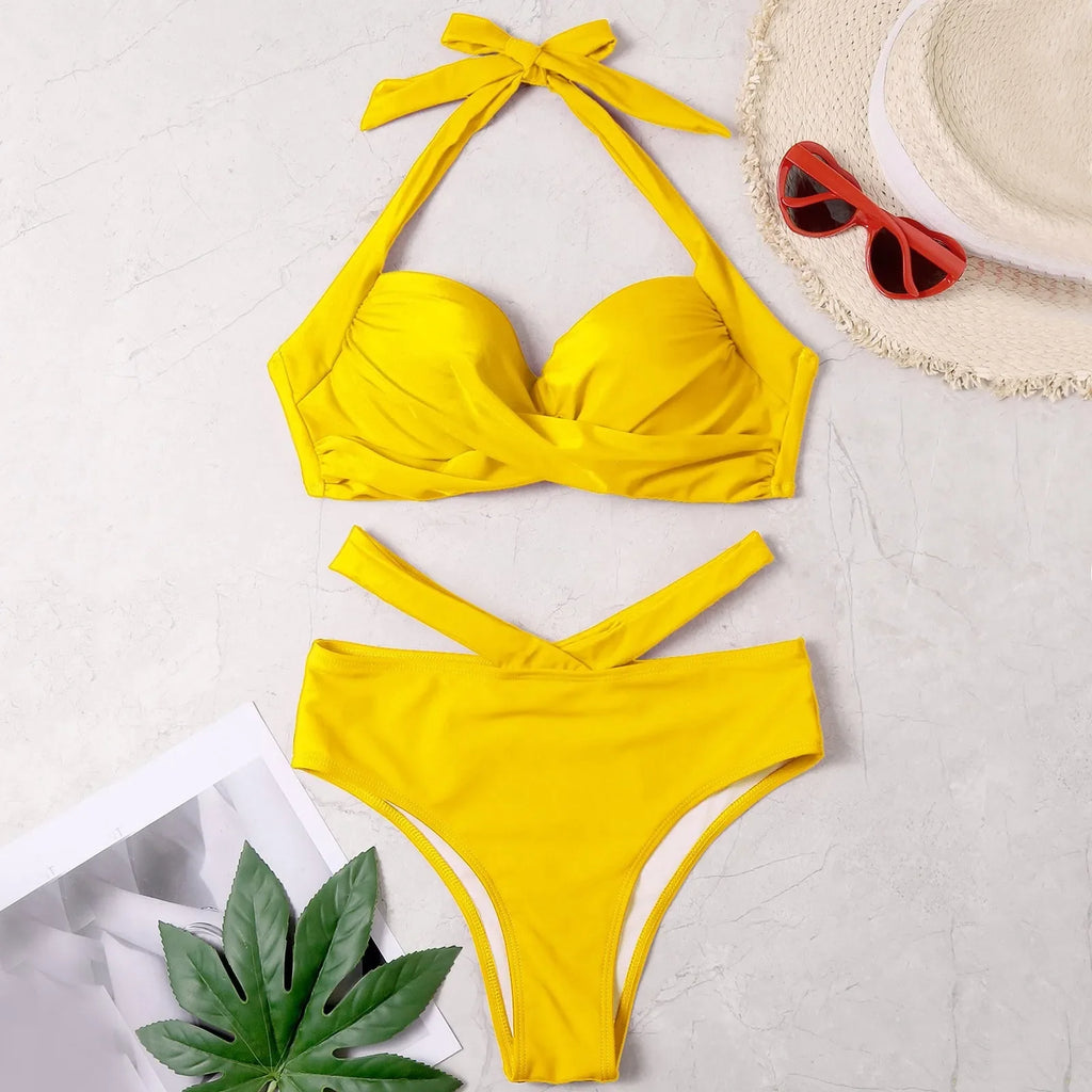 Women Solid Halter Tube Top Swimsuit Cross Ruched Wrap Chest Crop Tops High Waist Hollow Bikini Set Two Pieces Swimsuit Swimwear