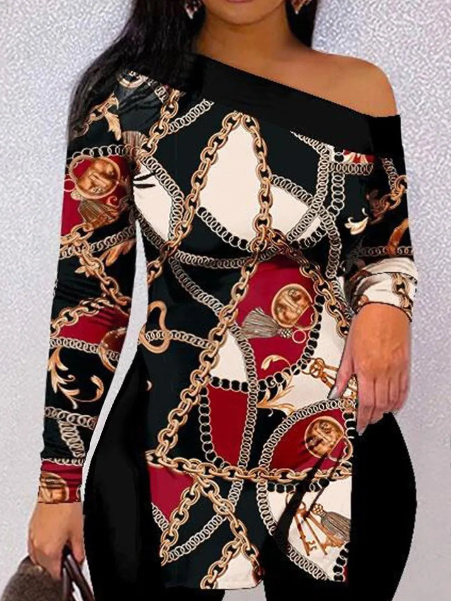 LW Plus Size Two piece set Figure Print Striped Split Pants Set One Shoulder Long Sleeve sexy women suit Streetwear Tracksuit