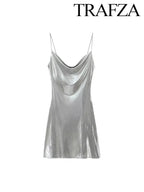 TRAF Women's Metallic Colour Glitter Dress Sexy Backless Sleeveless Spaghetti Strap Dresses Party Bar Sleeveless Short Dresses