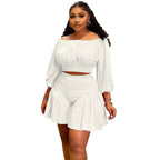 CM.YAYA Plus Size Women's Set Long Sleeve Slash Neck T-Shirt and Shorts 2025 Summer Ruched Two 2 Piece Set Outfits Tracksuit