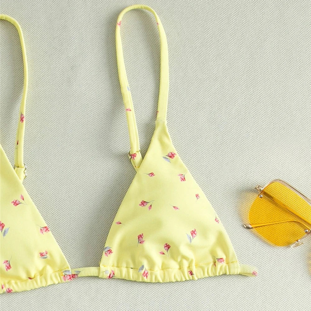 Yellow Floral Print Swimwear Mesh Cove Ups 3 Piece Bikini Set Damen Sexy Swimsuit Women 2025 Beach Wear Bikinis Swimming Wear