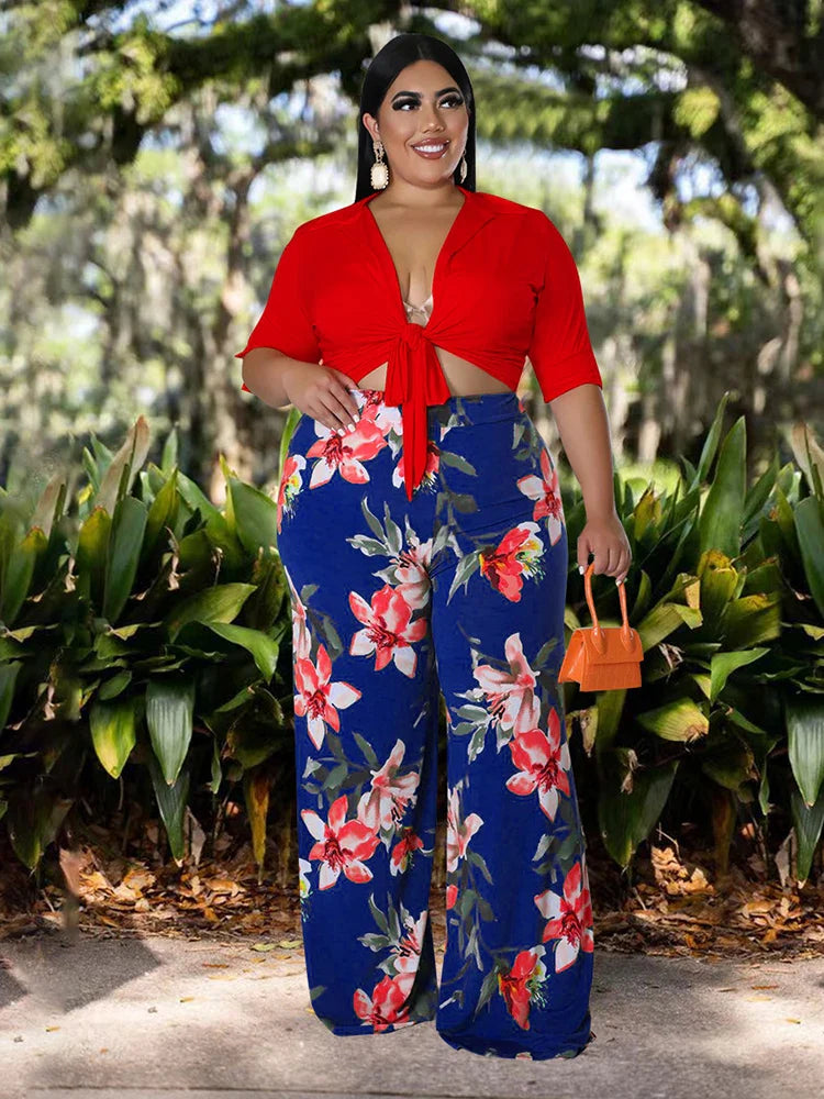 Two Piece Set Women Outfit 2x 3x 4x Summer Suit Elegant Pants and Blouse Set Casual Plus Size Pants Set Wholesale Dropshipping