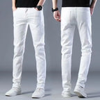 Korean Popular Clothes Men's Spring Autumn High-end Pure White Jeans Men's Brand Slim Elastic Small Feet Korean Trendy Trousers