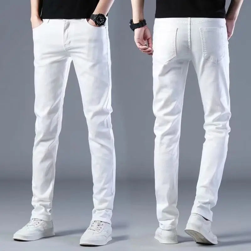 Korean Popular Clothes Men's Spring Autumn High-end Pure White Jeans Men's Brand Slim Elastic Small Feet Korean Trendy Trousers