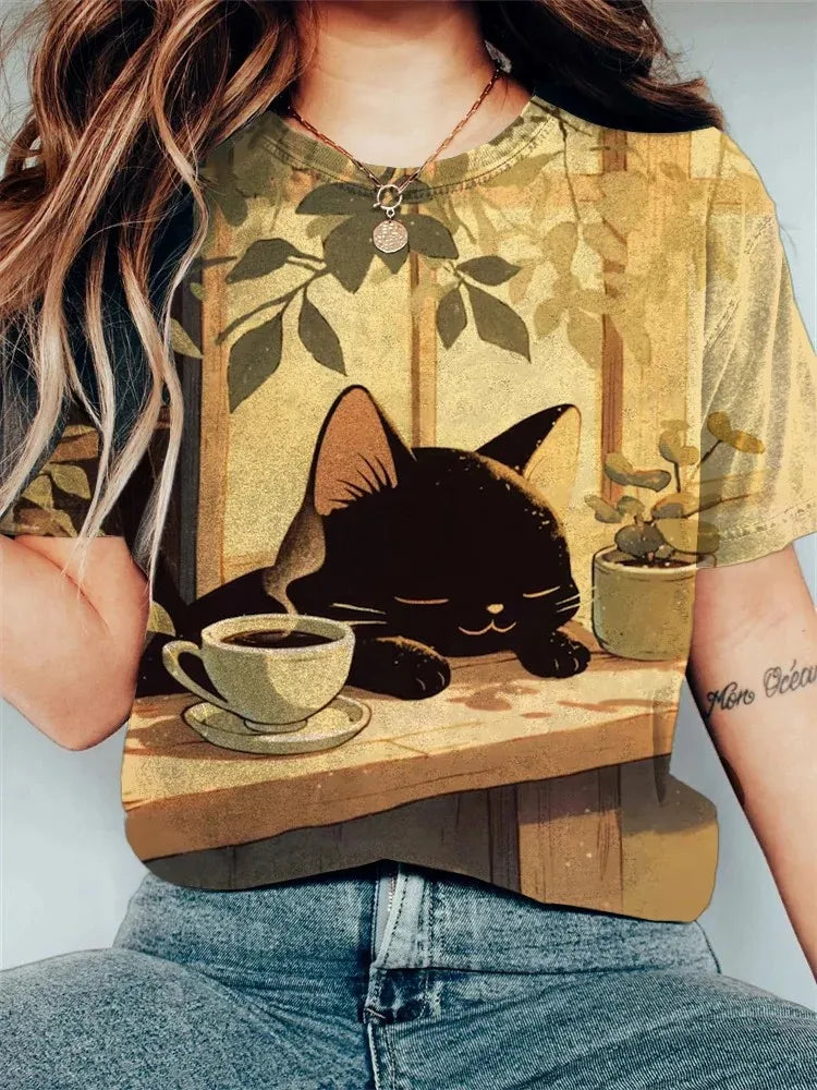 Women's Funny Animal Cat Printed T Shirt Short Sleeve Tees Tops 3D Prints O-Neck Shirts Summer Casual Women's Clothing Apparel