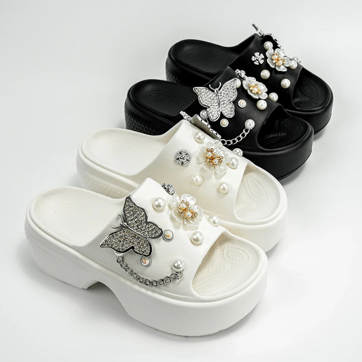 Fashionable Silver Butterfly Flower One-Line Sandals Outdoor Thick-Soled Heightening Sandals E20