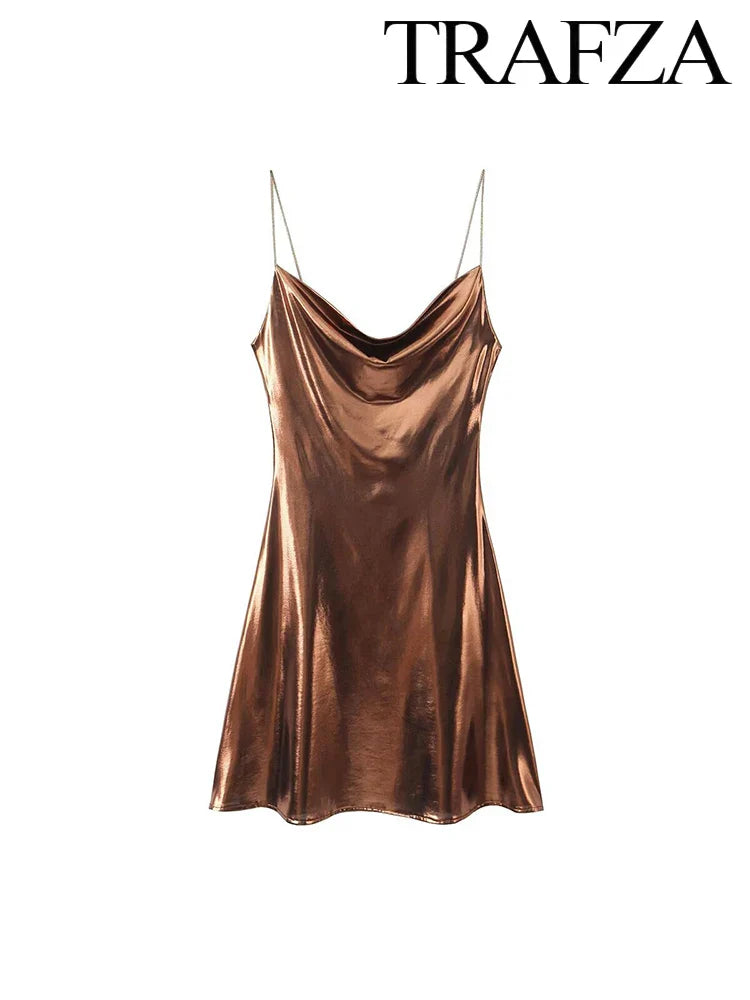TRAF Women's Metallic Colour Glitter Dress Sexy Backless Sleeveless Spaghetti Strap Dresses Party Bar Sleeveless Short Dresses