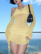 Dulzura Solid Skew Collar Ruched Straps Lace-Up See Through Draw String Mini Dress 2023 Summer  Women Party Clubwear Wholesale