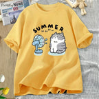 Summer Funny Cat and Fan Graphic T Shirts Women Men Cotton Short Sleeve T Shirt Harajuku Women's Clothing Female Streetwear Tops