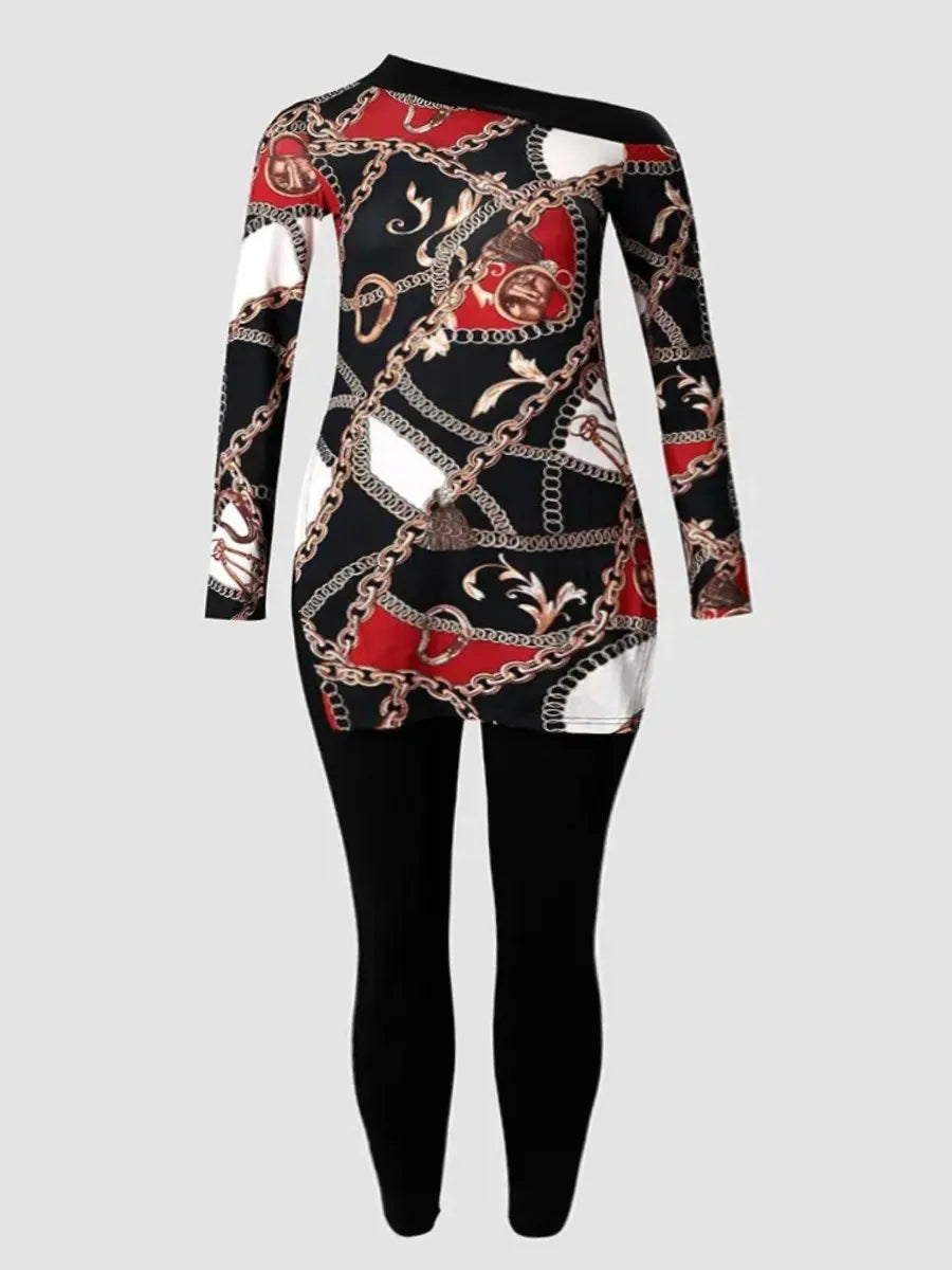 LW Plus Size Two piece set Figure Print Striped Split Pants Set One Shoulder Long Sleeve sexy women suit Streetwear Tracksuit