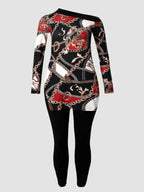 LW Plus Size Two piece set Figure Print Striped Split Pants Set One Shoulder Long Sleeve sexy women suit Streetwear Tracksuit