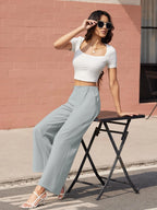 TACVASEN High Waisted Fashion Wide Leg Trousers Womens Loose Casual Long Pants Lightweight Soft Button Closure 2 Pockets Pants