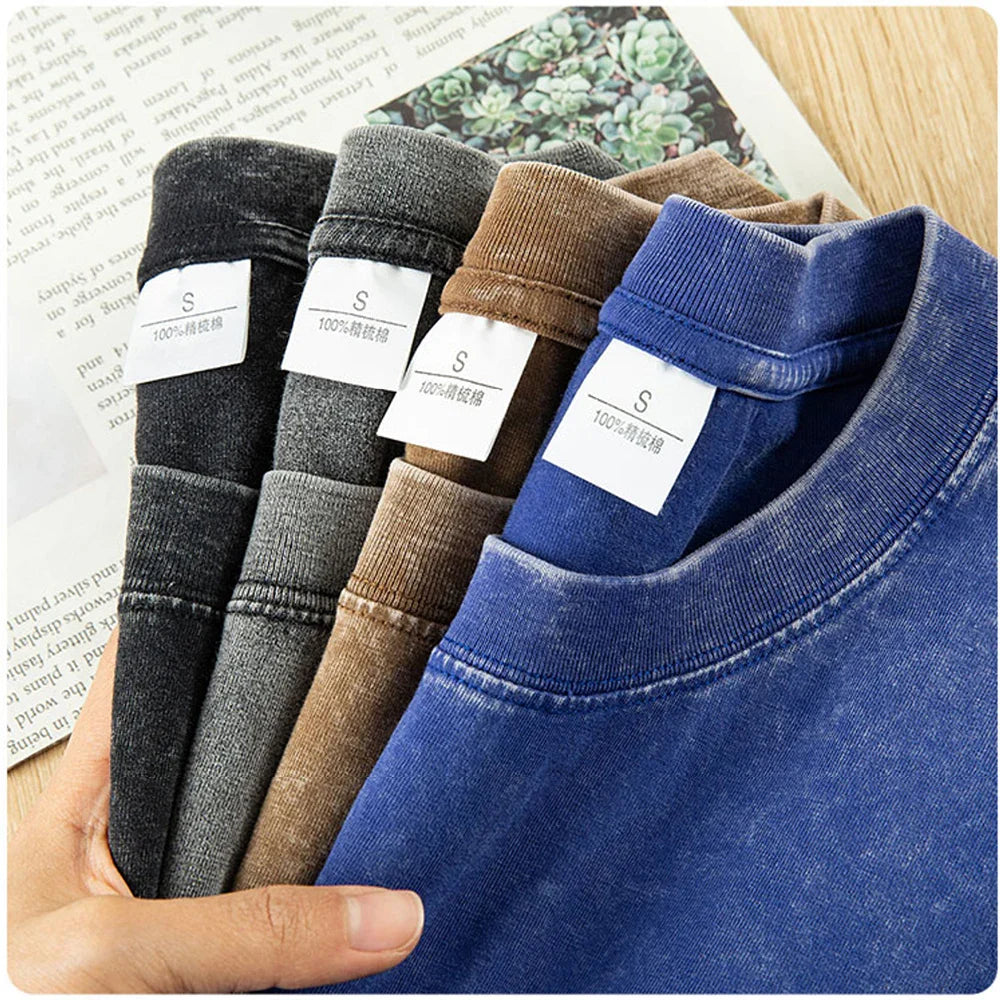 Couple Washed Retro 230g Heavy Duty Cotton Short Sleeved T-shirts Versatile For Men Women Summer Solid Color Loose T-shirt Top