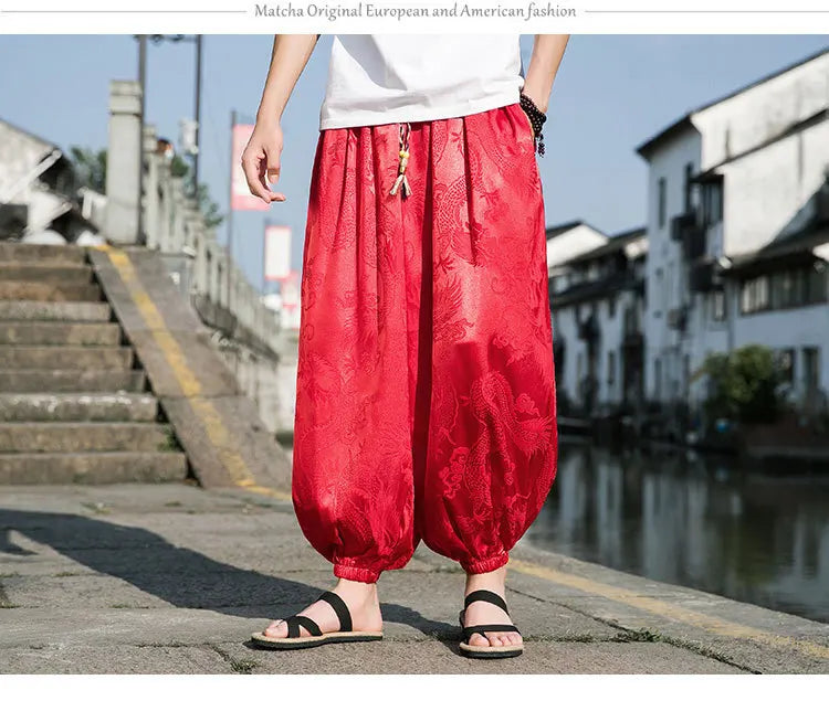 FGKKS 2023 Outdoor Brand Pants For Men Lce Silk Dragon Dark Flower Loose Bloomers High Quality Wide Leg Casual Trousers Male