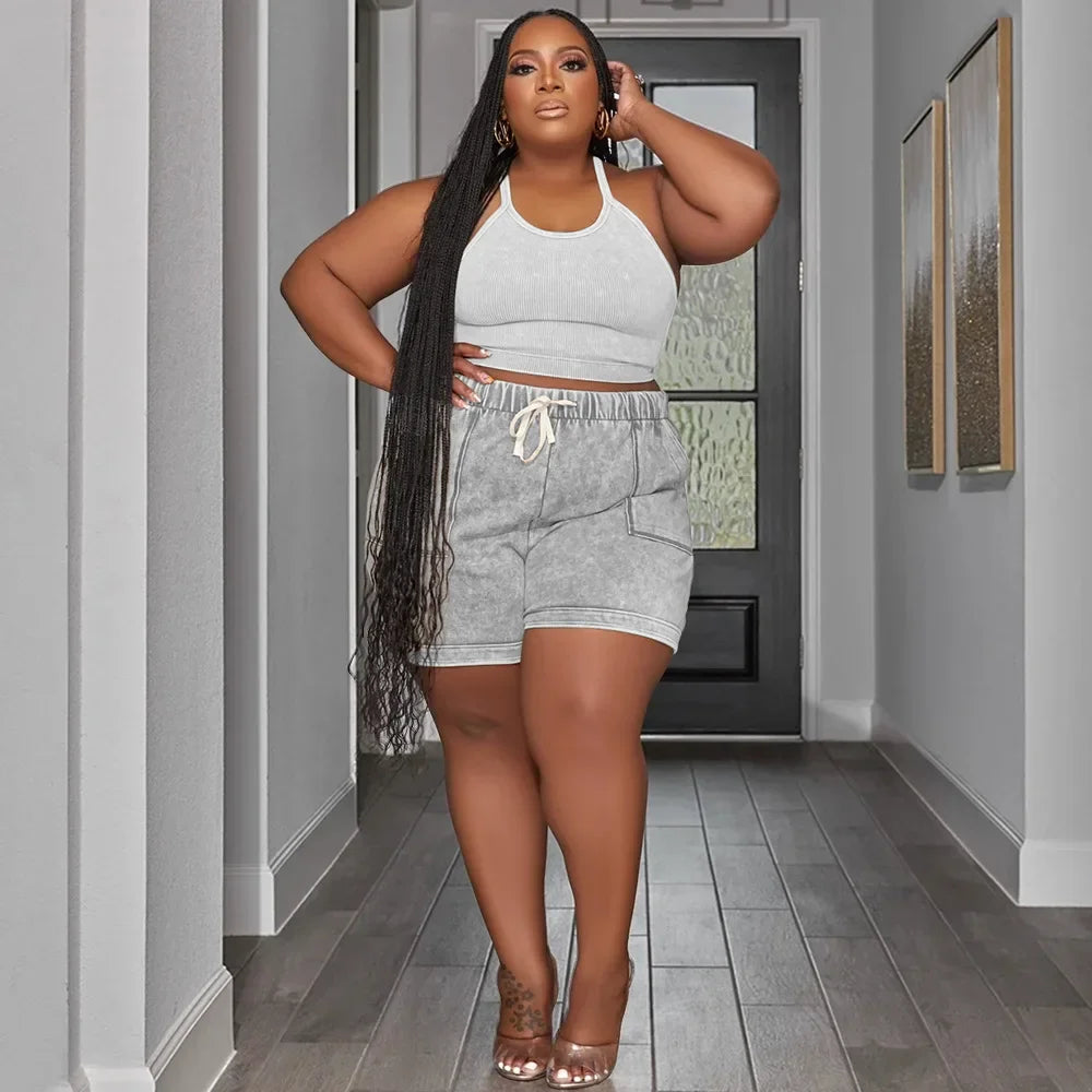 Waterarea Plus Size Women's Set Knit Ribbed Tank Top and Pocket Side Shorts Suit 2025 Summer INS Two 2 Piece Set OutfitTracksuit