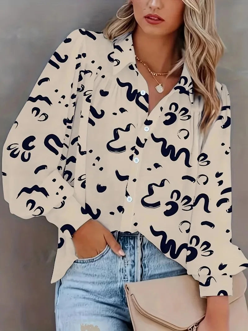 Women's Plus Size 1XL-5XL Casual and Comfortable Button-down Collar Long Sleeve Shirt Personality Geometric Pattern Shirt