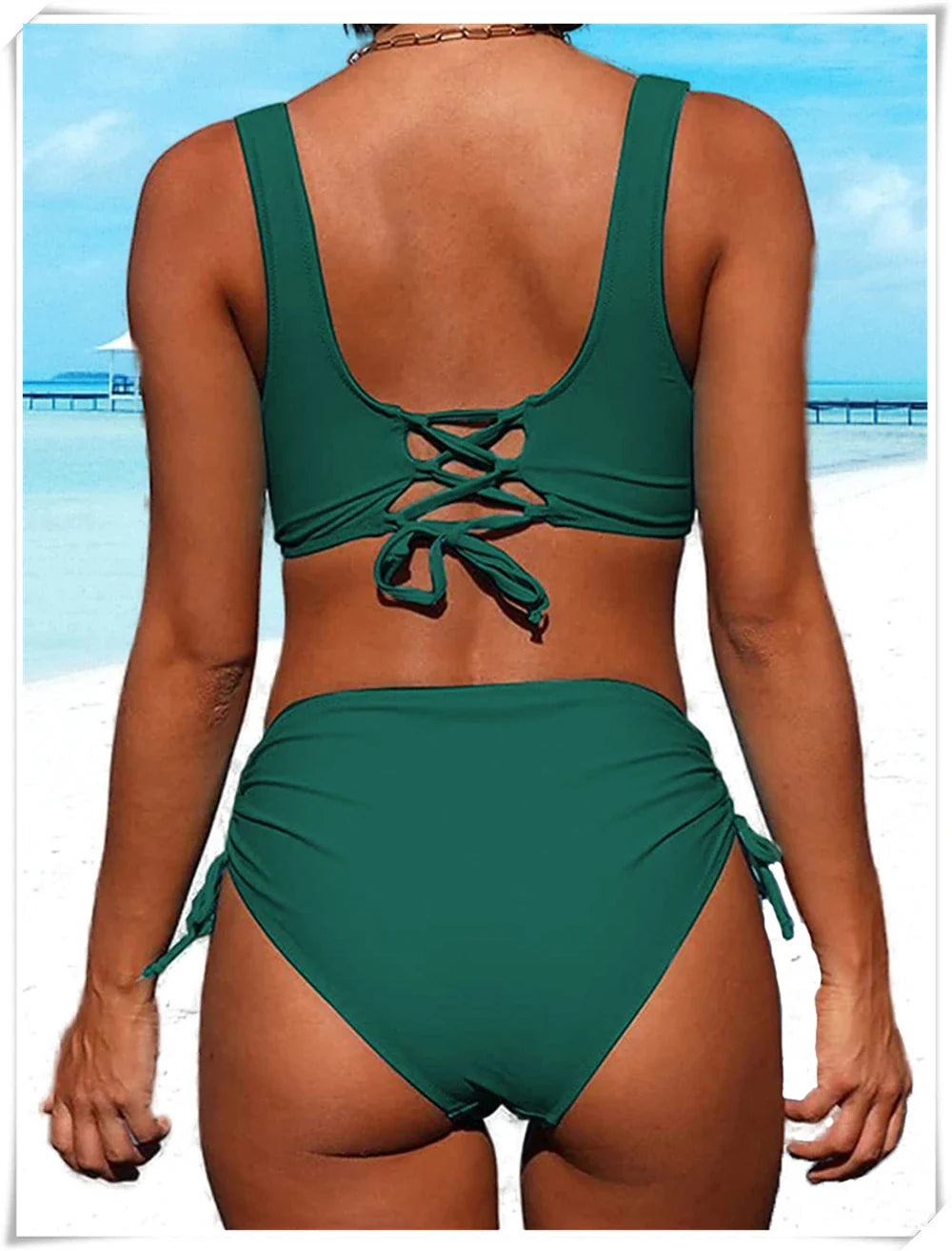 Drawstring High Waist Bikini 2023 Women Solid Swimwear Female Cross Front Swimsuit Padded Beachwear Bather Bathing Swimming Suit