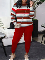 XL-5XL LW Plus Size Striped Patchwork Pants Set Women Long Sleeve Legging Set Round Neck Casual Two Piece Outfit Tracksuit
