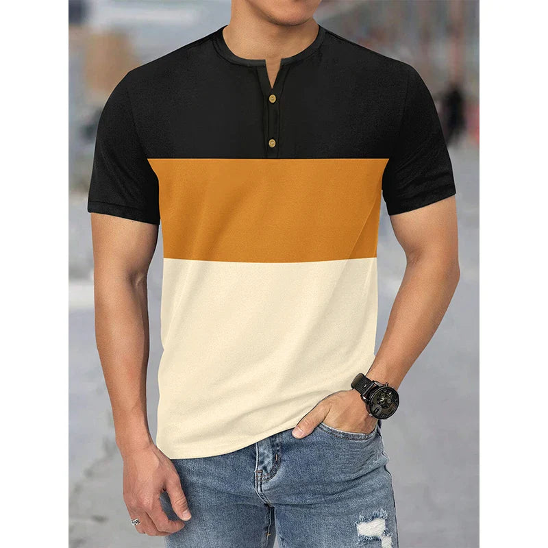Henry Collar T-Shirt Men Summer Casual Short Sleeve Tops 3-color Patchwork Tees Sweatshirt Comfortable Breathable Men's Clothing