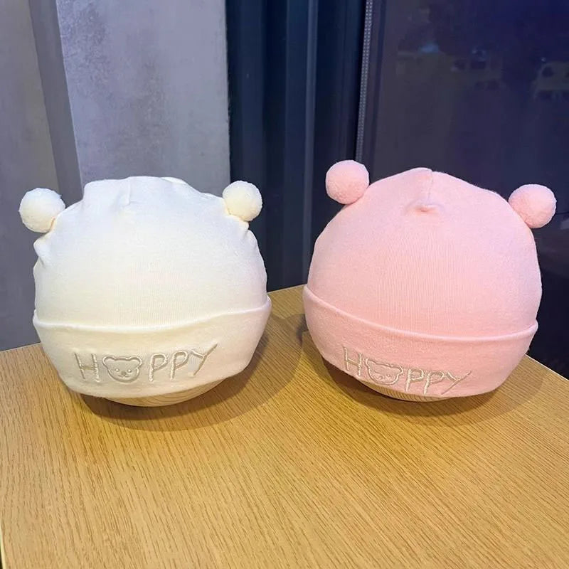 Cute Newborn Fetal Hat Soft Cotton Infant Boy Girls Cartoon Letter Bear Cap Solid Color Spring Autumn Warm Beanie
