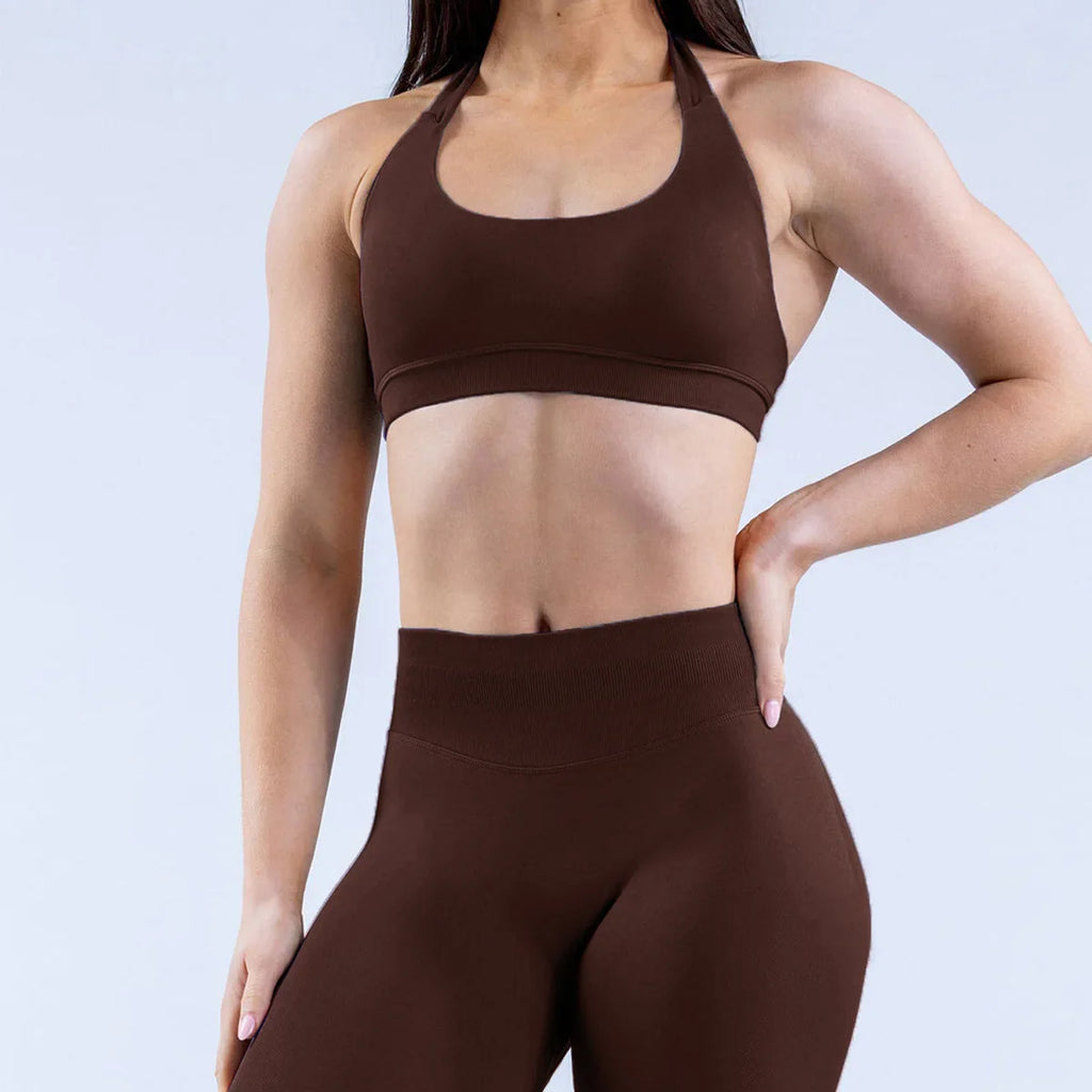 D LOGO Sports Bra Women Seamless Halter Neck Strap Bra with Logo Padded Open Back Yoga Top Bra Medium Support Gym Crop Top