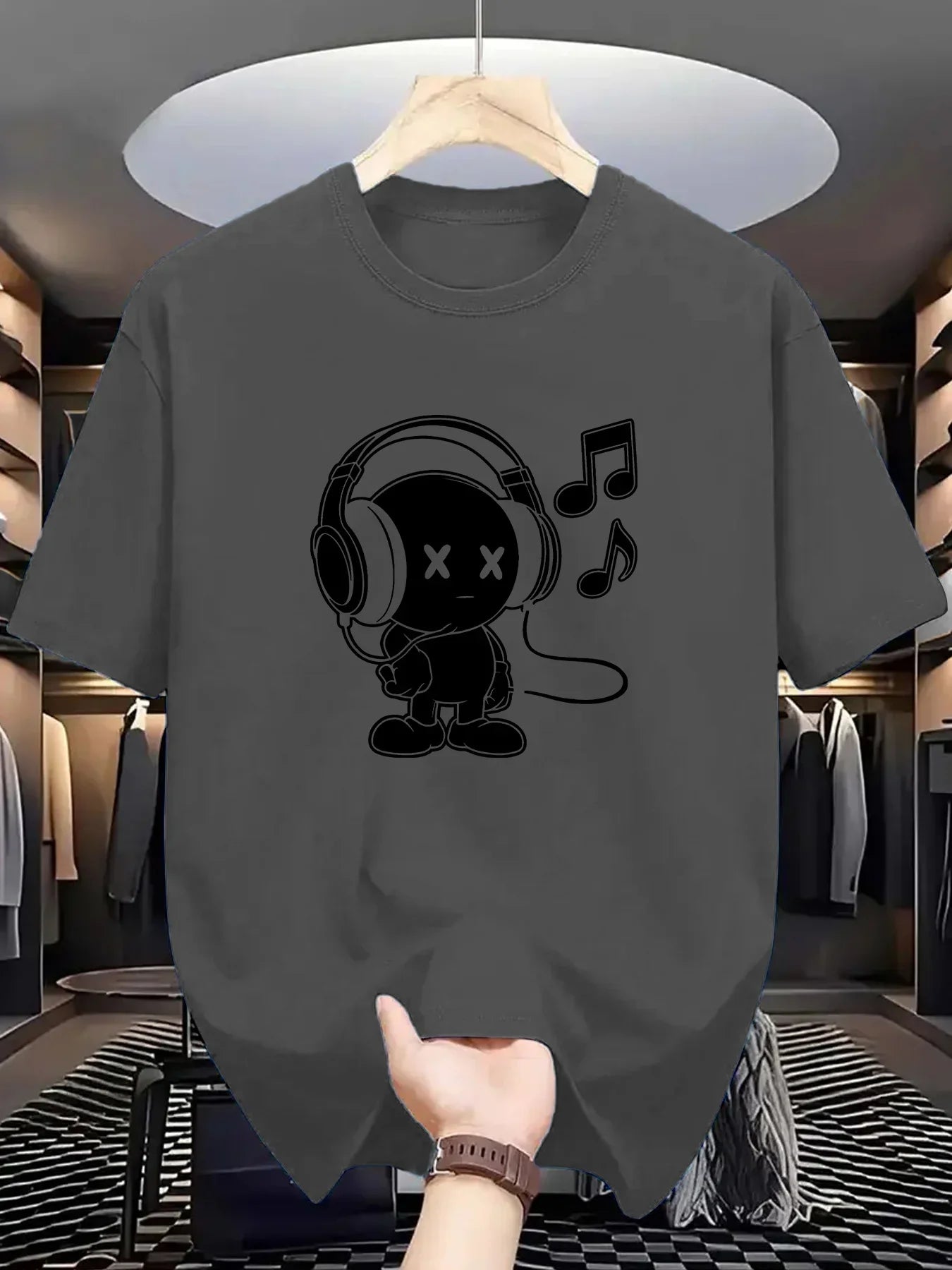 Summer men's 100% cotton casual loose fit plus size music themed printed comfortable sports round neck short sleeved T-shirt top