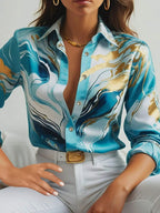 Women's Elegant Marble Print Long Sleeve Work Shirt  Spring & Summer Long Sleeve Tops