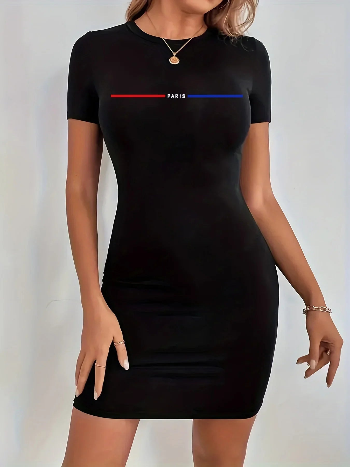 Summer women's PARIS letter print casual slim fit short sleeved round neck short mini dress Lady Short Sleeve Round Neck Slight